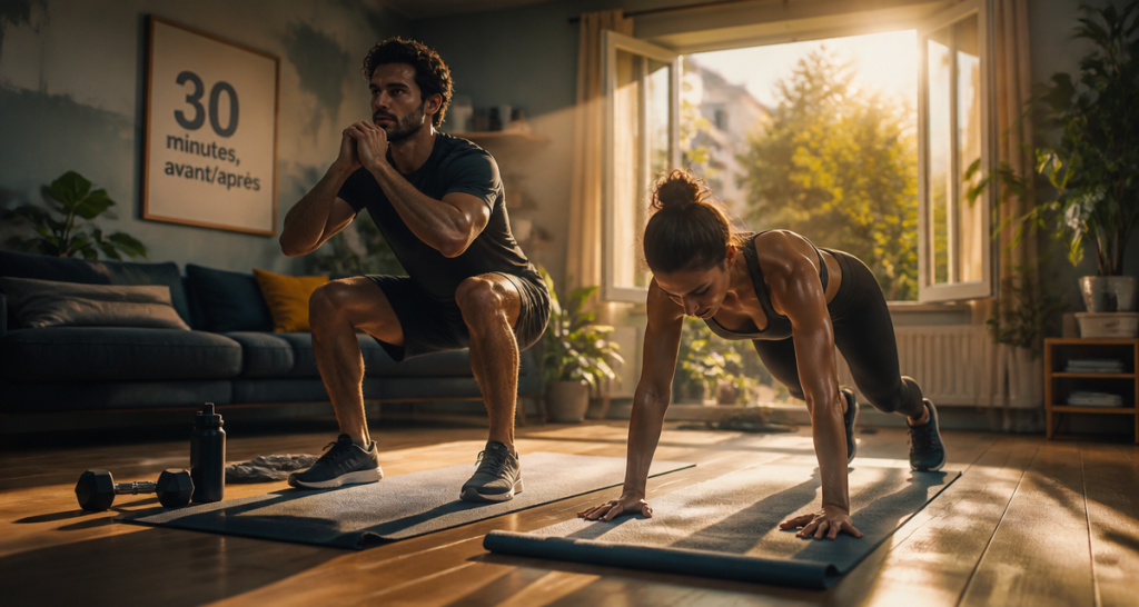 30 minutes de sport par jour avant/apres homme femme squats burpees salon