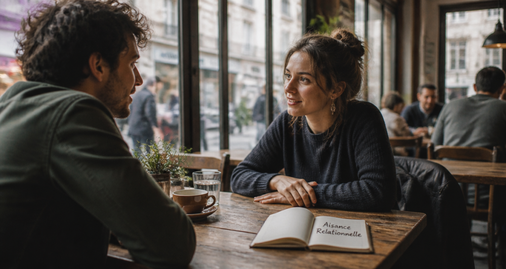 Aisance relationnelle, deux personnes en discussion au café