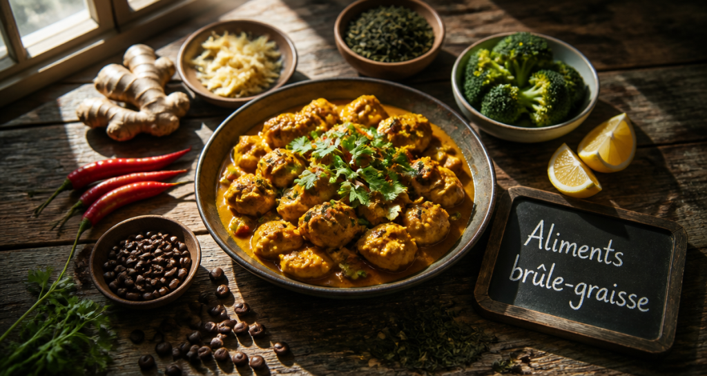 aliments brûle graisse plat curry et ingrédients frais