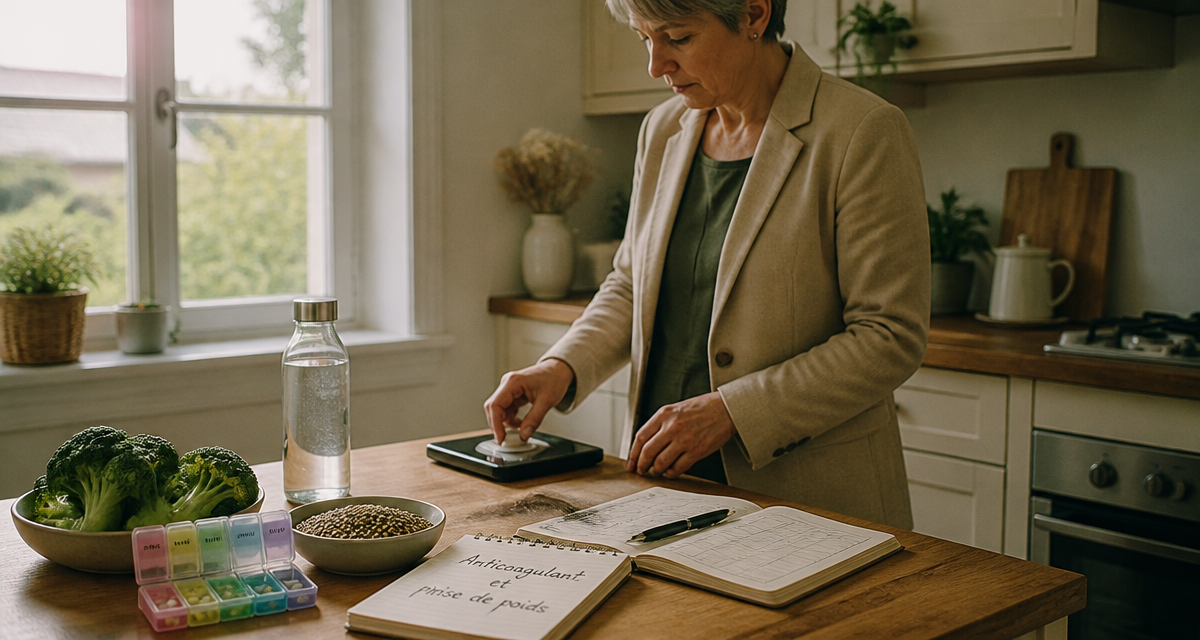anticoagulant et prise de poids, balance et carnet en cuisine