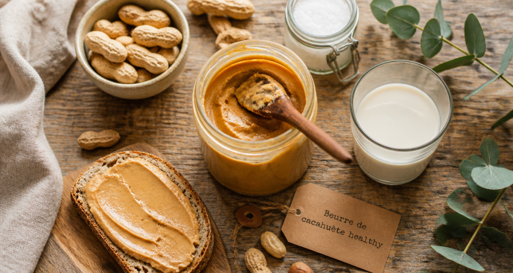 beurre de cacahuète healthy artisanal, pot ouvert et pain complet