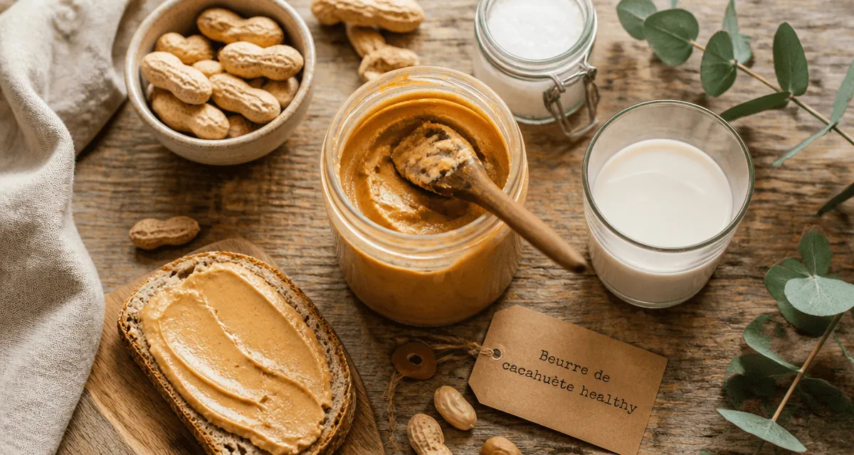 beurre de cacahuète healthy artisanal, pot ouvert et pain complet