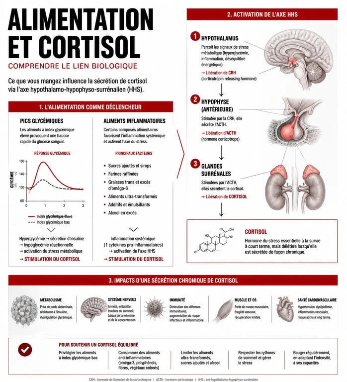 Infographie sur l'impact de l'alimentation sur le taux de cortisol et la santé hormonale