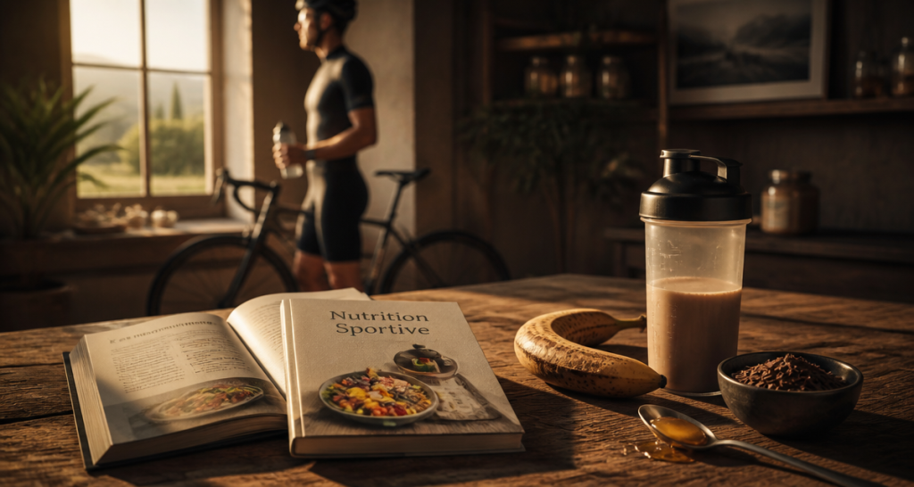 livre sur la nutrition sportive avec aliments et cycliste