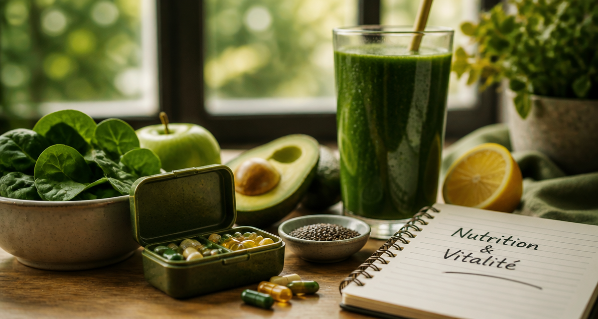 multi vitamines et minéraux avec smoothie vert