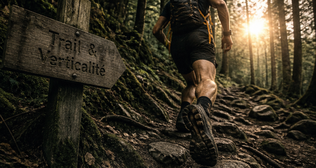 Running trail coureur sac hydratation chaussures crampons forêt