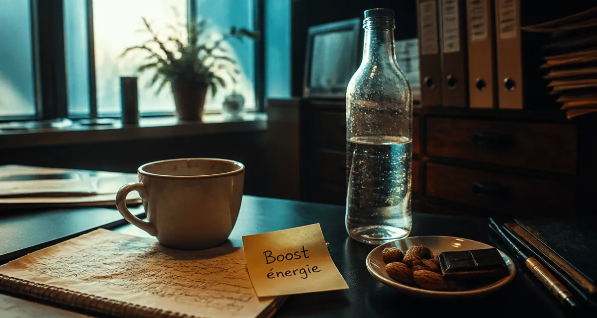Comment avoir de l energie rapidement : boost naturel en 20 minutes, bureau avec eau et chocolat noir