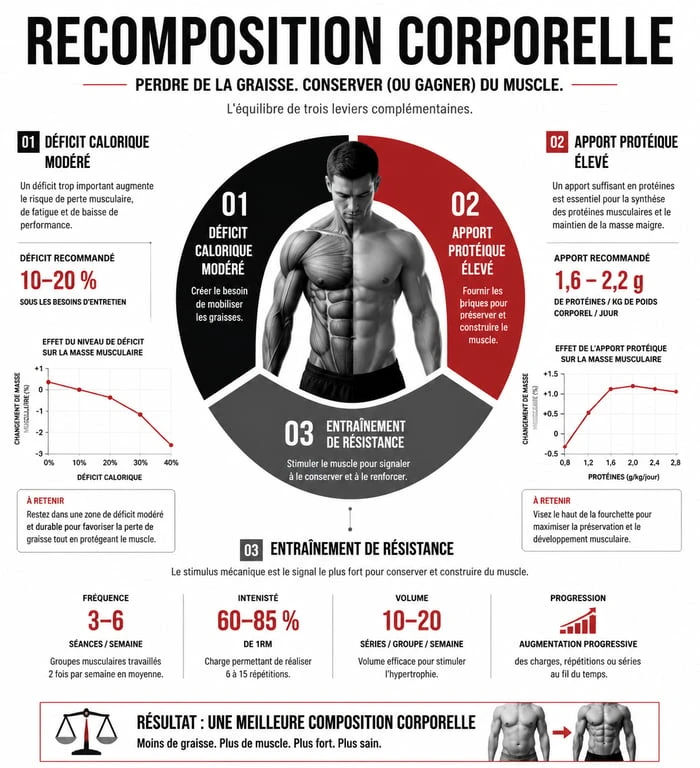 Infographie sur l'alimentation pour prendre du muscle et perdre de la graisse par la recomposition corporelle