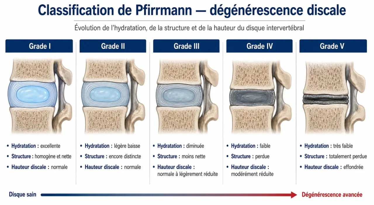 Schéma explicatif des 5 stades de la classification de Pfirrmann pour la discopathie dégénérative visible à l'IRM