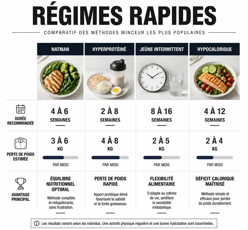 Infographie comparative des méthodes de régime rapide et efficace