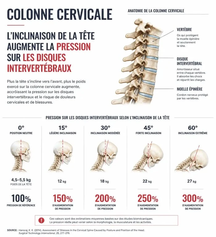 Schéma anatomique illustrant la pression sur les vertèbres cervicales en fonction de la posture pour un arrêt de travail pour cervicalgie