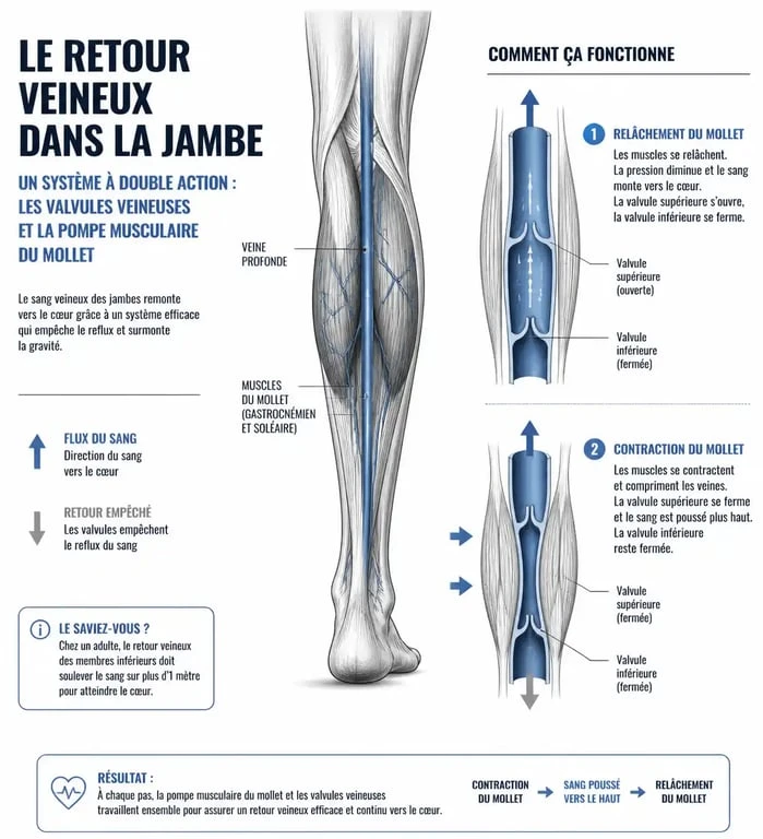 Schéma explicatif du retour veineux et de la pompe musculaire pour améliorer la circulation sanguine
