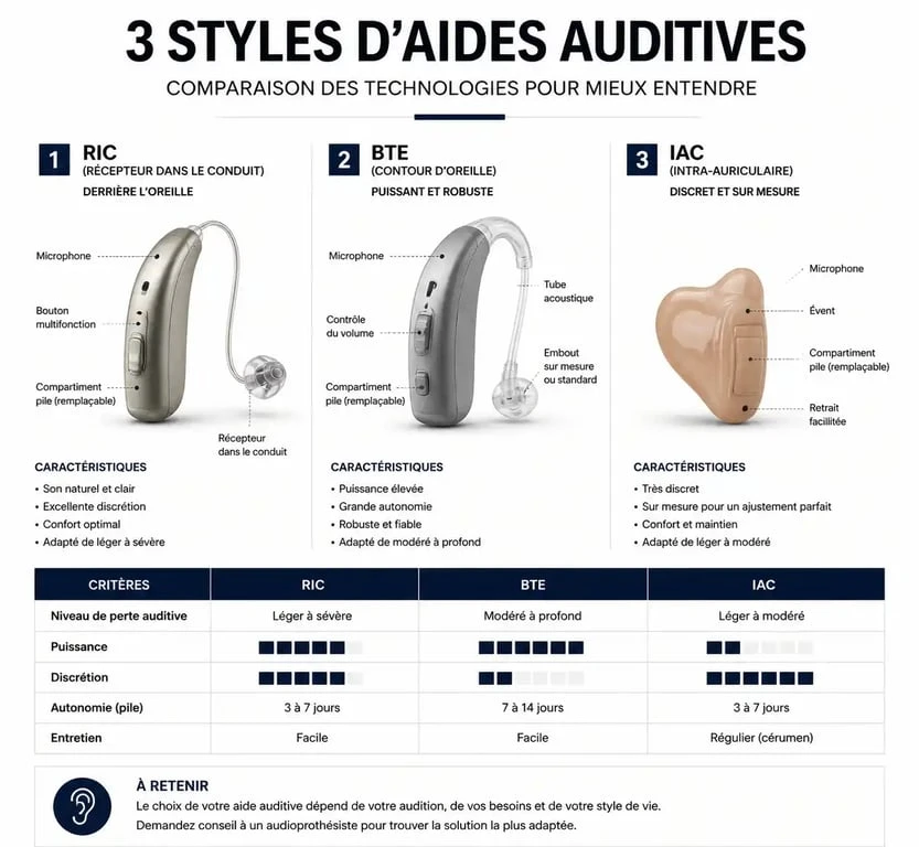 Comparatif des styles d'aides auditives Phonak : RIC, BTE et intra-auriculaire