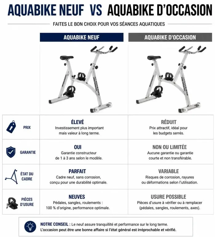 Tableau comparatif des avantages et inconvénients pour l'achat d'un vélo aquabike d'occasion ou neuf