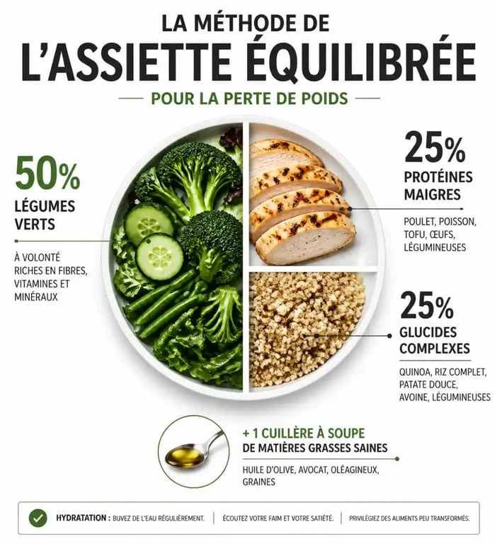 Infographie de l'assiette équilibrée pour savoir quoi manger pour maigrir sainement