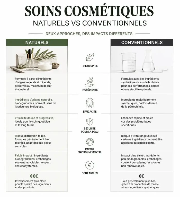 Tableau comparatif des bénéfices du soin au naturel par rapport aux cosmétiques conventionnels