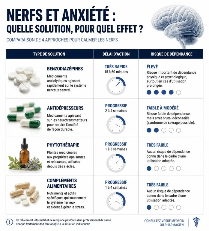 Infographie comparative des médicaments et solutions naturelles pour calmer les nerfs et gérer l'anxiété