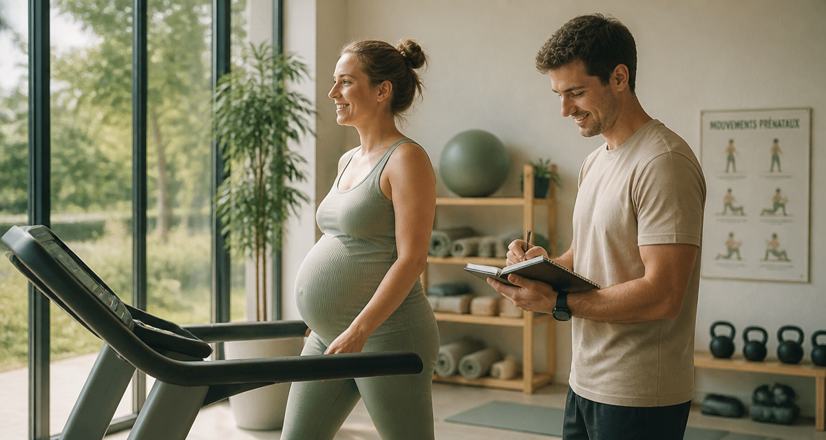 sport grossesse - 1er trimestre, femme enceinte sur tapis roulant