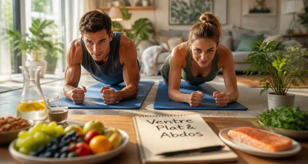 ventre plat et abdos exercice planche et aliments sains