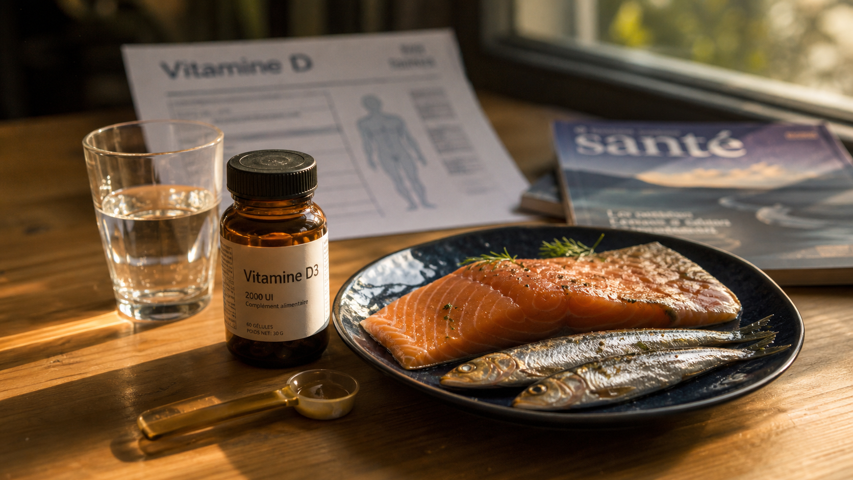 Dose vitamine d pour adulte : flacon vitamine D3 et poissons