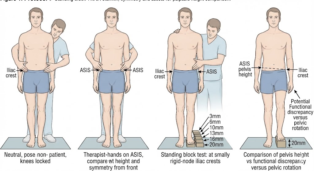 הבדל אורך רגליים - בדיקה בשעמידה לההמחשת הבדל גבובה בין הרגליים ה