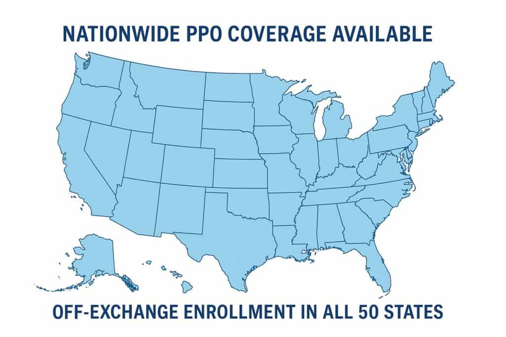Map of U.S. states with PPO coverage options highlighted