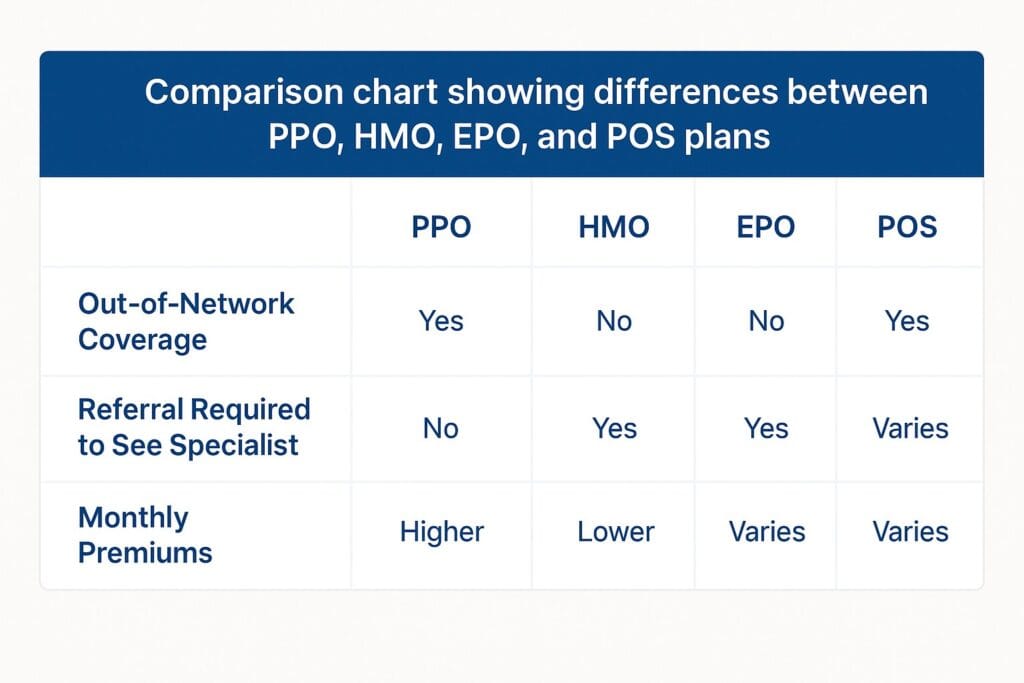 Comparison chart showing differences between PPO, HMO, EPO, and POS plans.