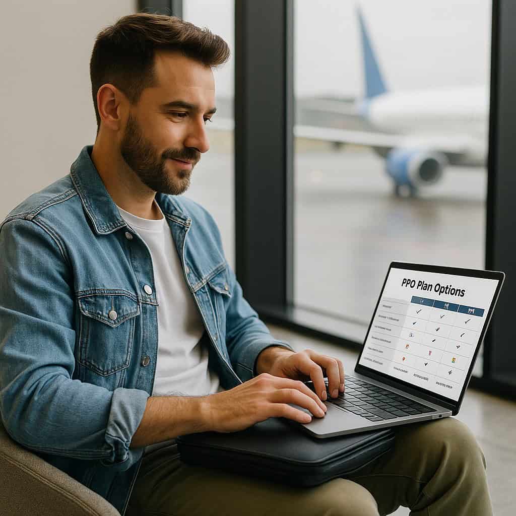 Self-employed man reviewing PPO plan options on a laptop in an airport lounge, demonstrating mobile flexibility