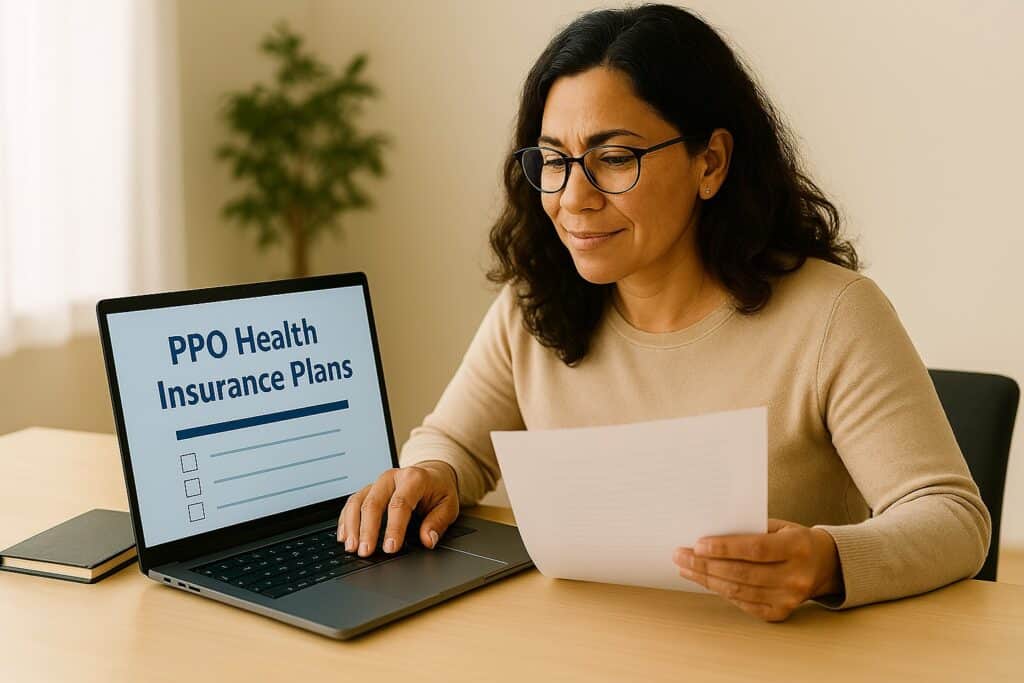Self-employed woman reviewing PPO plan options at home, holding a document in one hand and using a laptop.