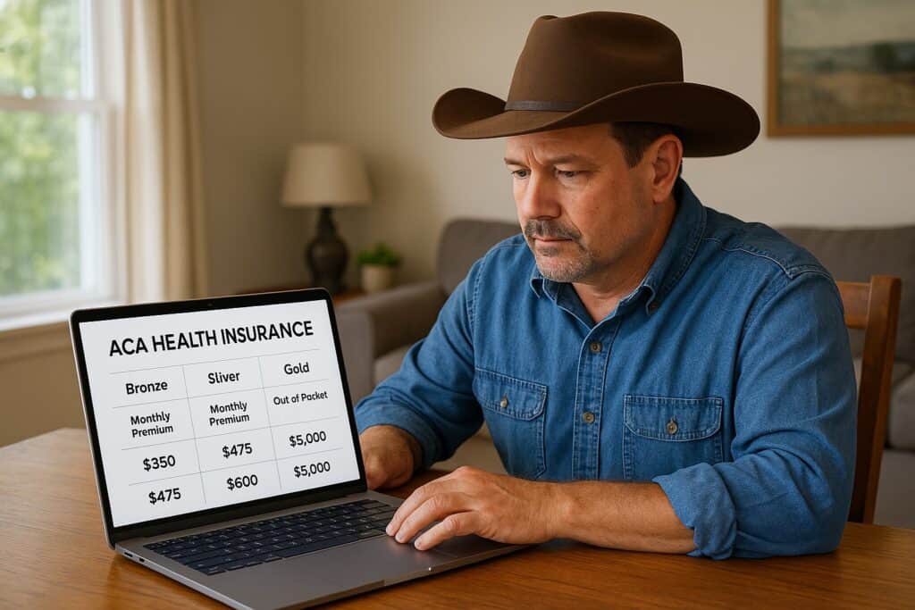Texan reviewing marketplace health plans on laptop