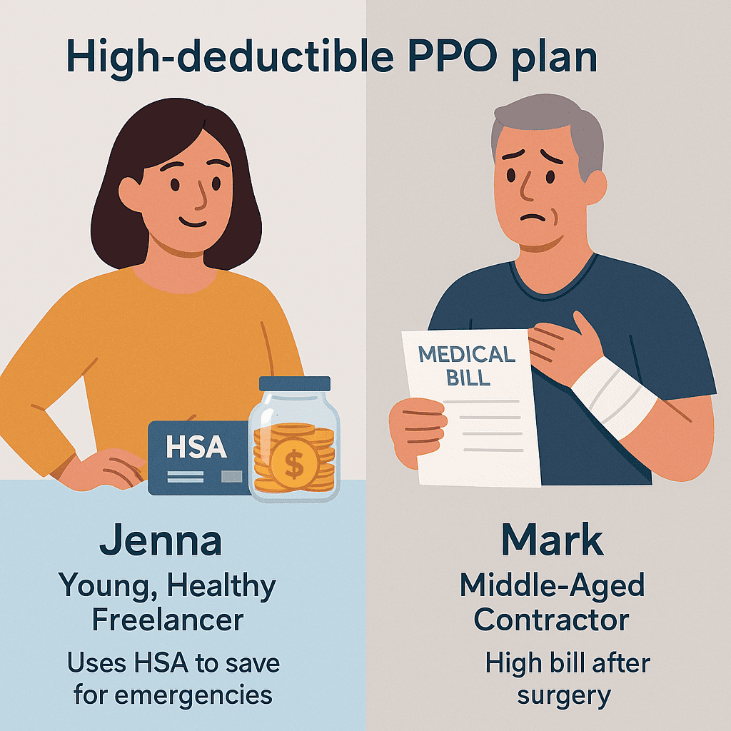 Flat illustration comparing two freelancers with different health outcomes under high-deductible PPO plans — one with savings, one with a large medical bill.