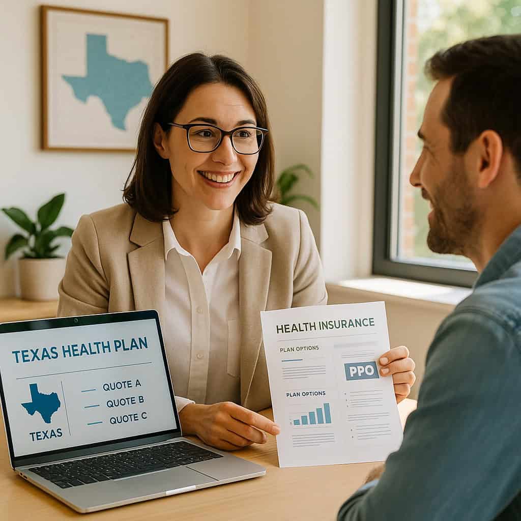 Texas health insurance broker assisting a client in an office setting