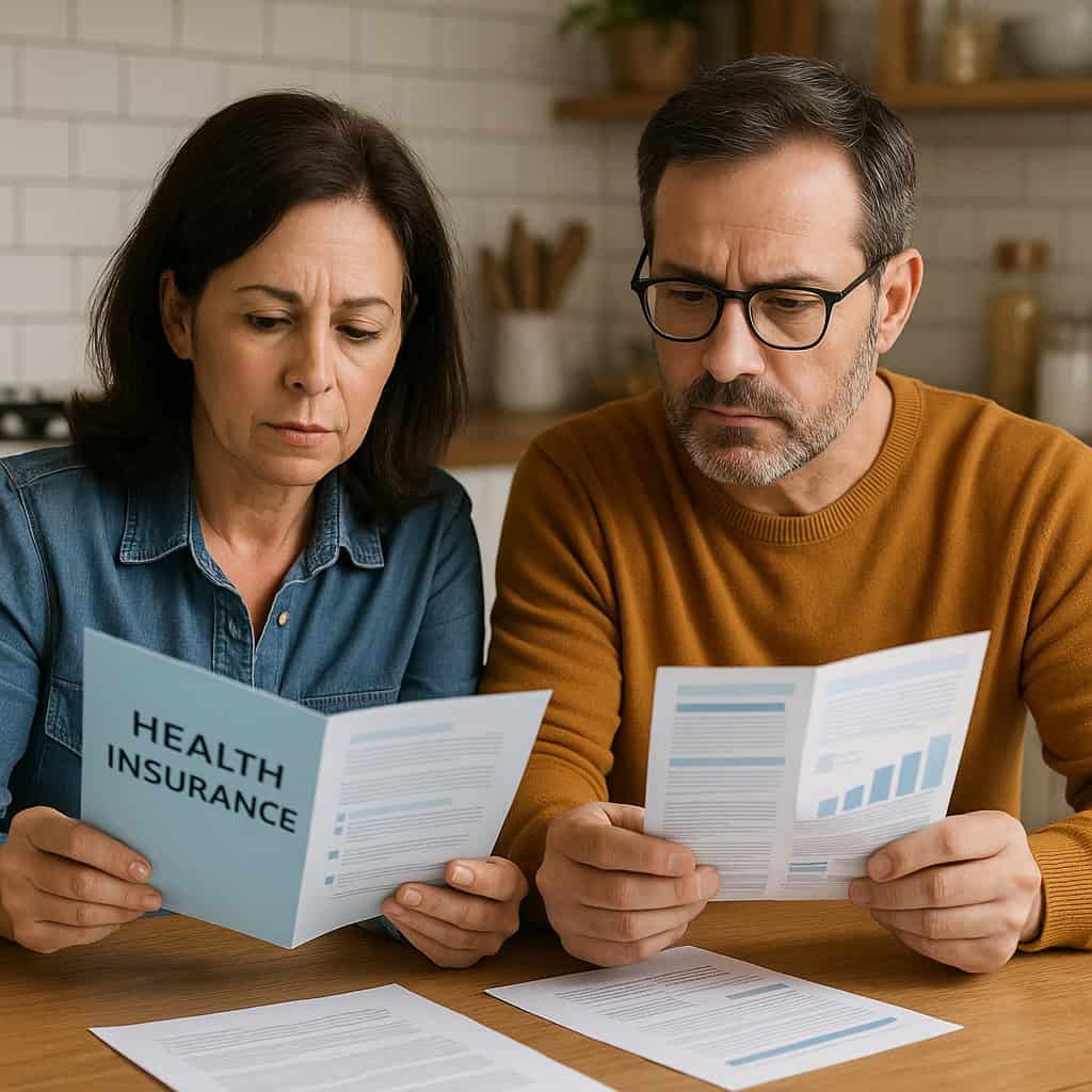 Texan couple reviewing health insurance brochures at kitchen table