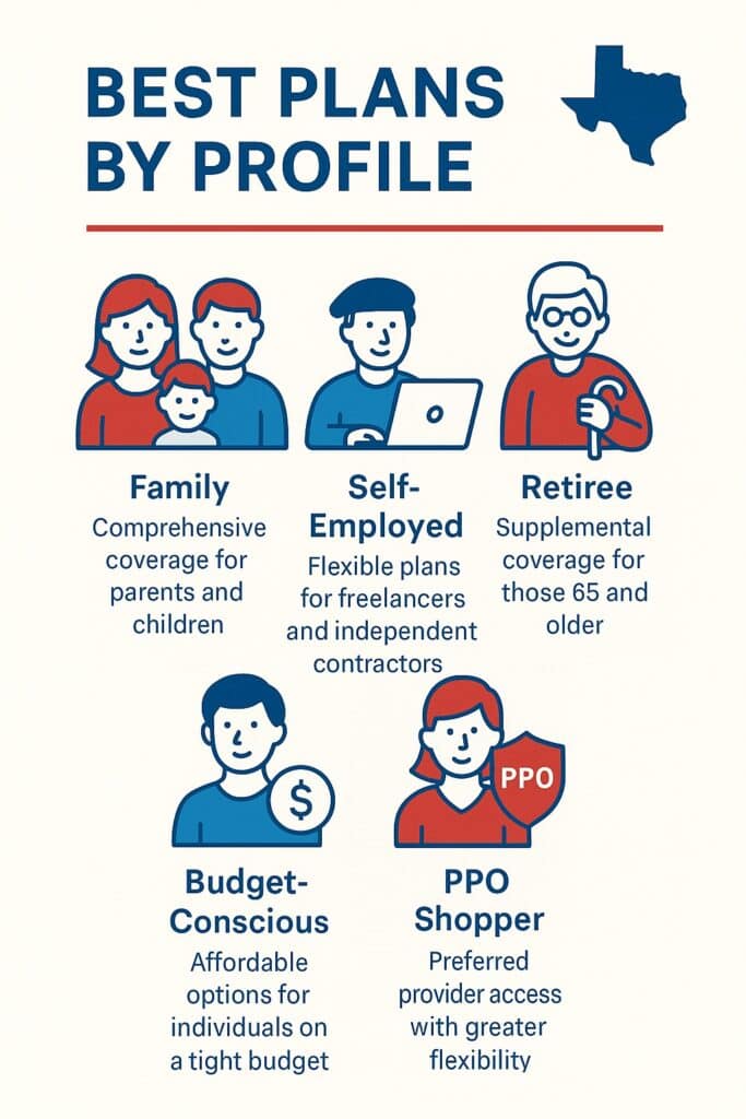 Icons representing different shopper types in Texas: families, freelancers, retirees, and budget-conscious consumers.