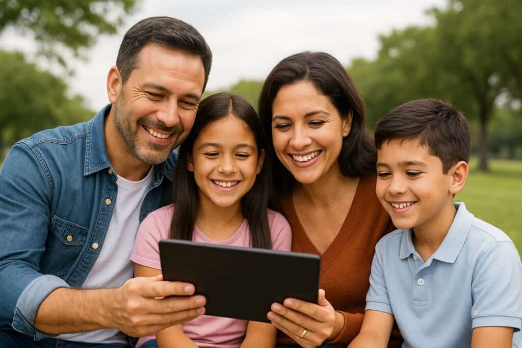 Smiling family outdoors in Texas reviewing health plan options on a tablet