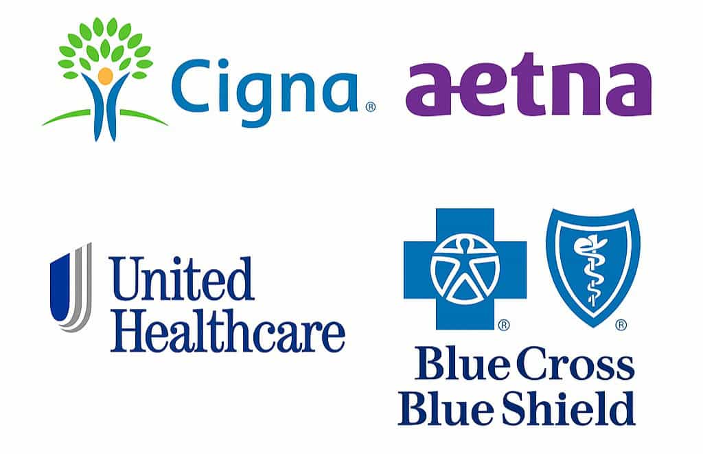 Logos of national PPO carriers including Cigna, Aetna, UnitedHealthcare, and Blue Cross Blue Shield