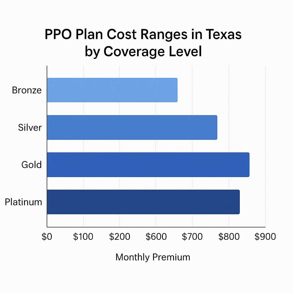 Bar chart showing PPO plan cost ranges in Texas by coverage level