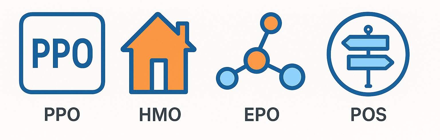 Icons representing PPO, HMO, EPO, and POS health plan types