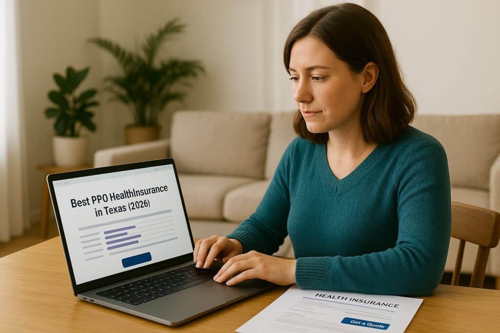 Texan comparing PPO health plan options on a laptop at home