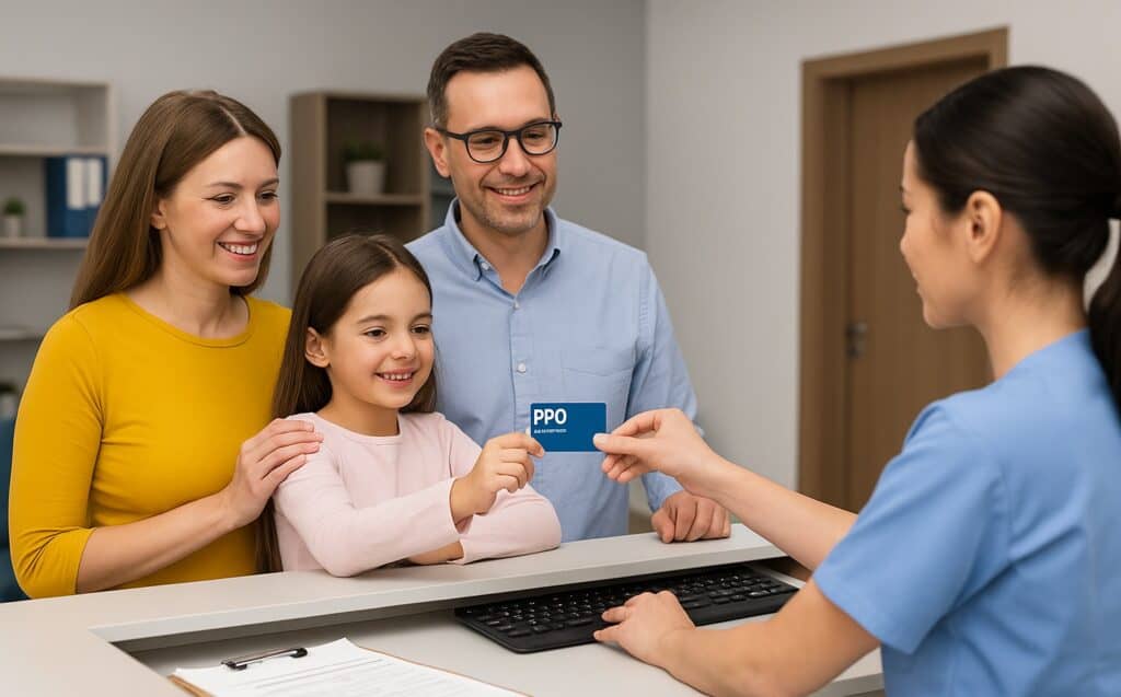 Family using PPO health insurance card at a Texas clinic