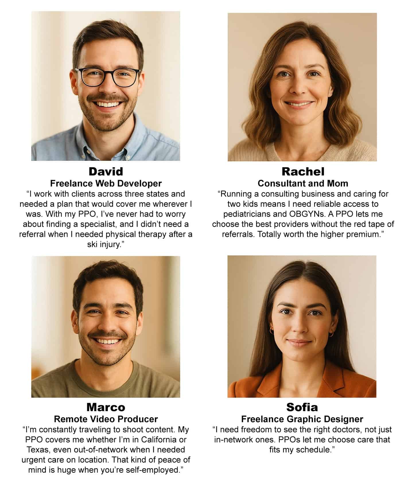 Photos of diverse self-employed individuals sharing health insurance testimonials