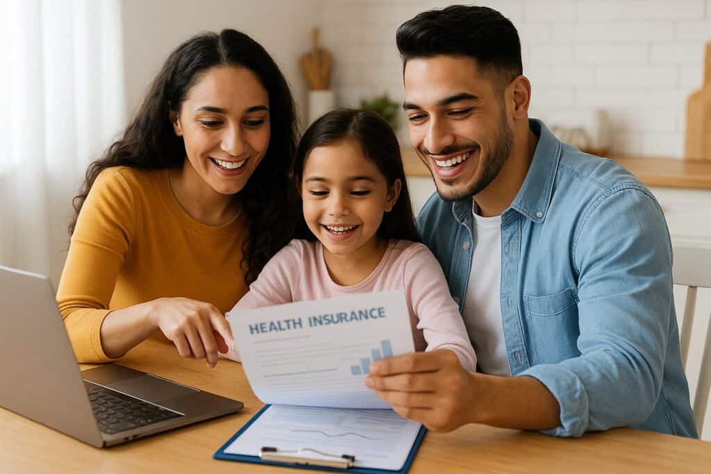 Happy family reviewing health insurance savings in Texas