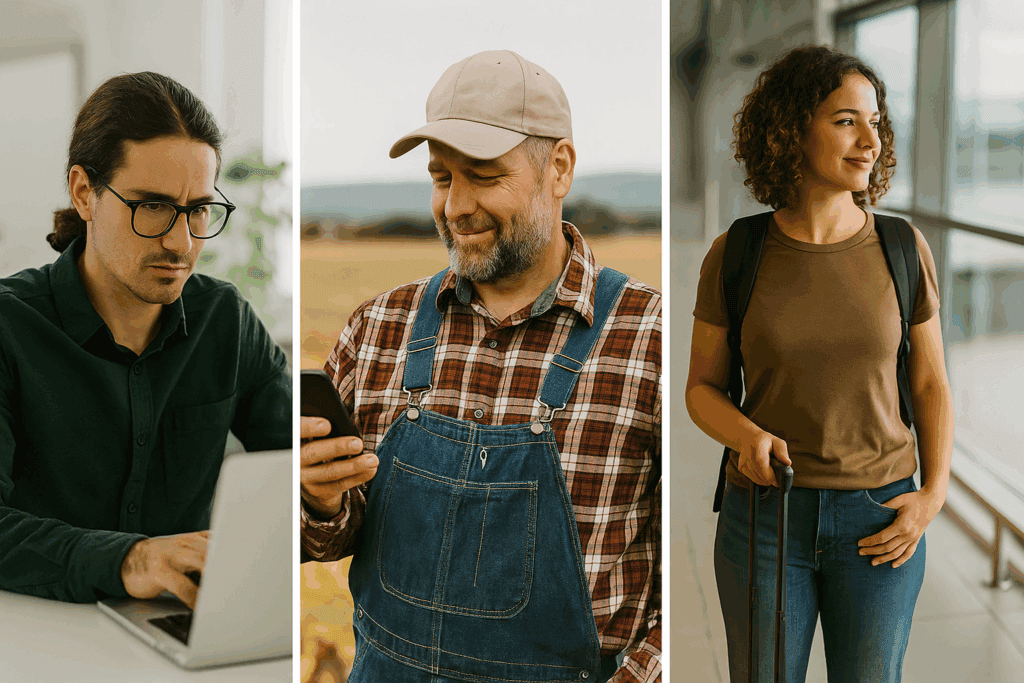 Collage of freelancers: remote web developer, rural contractor, and digital nomad at airport