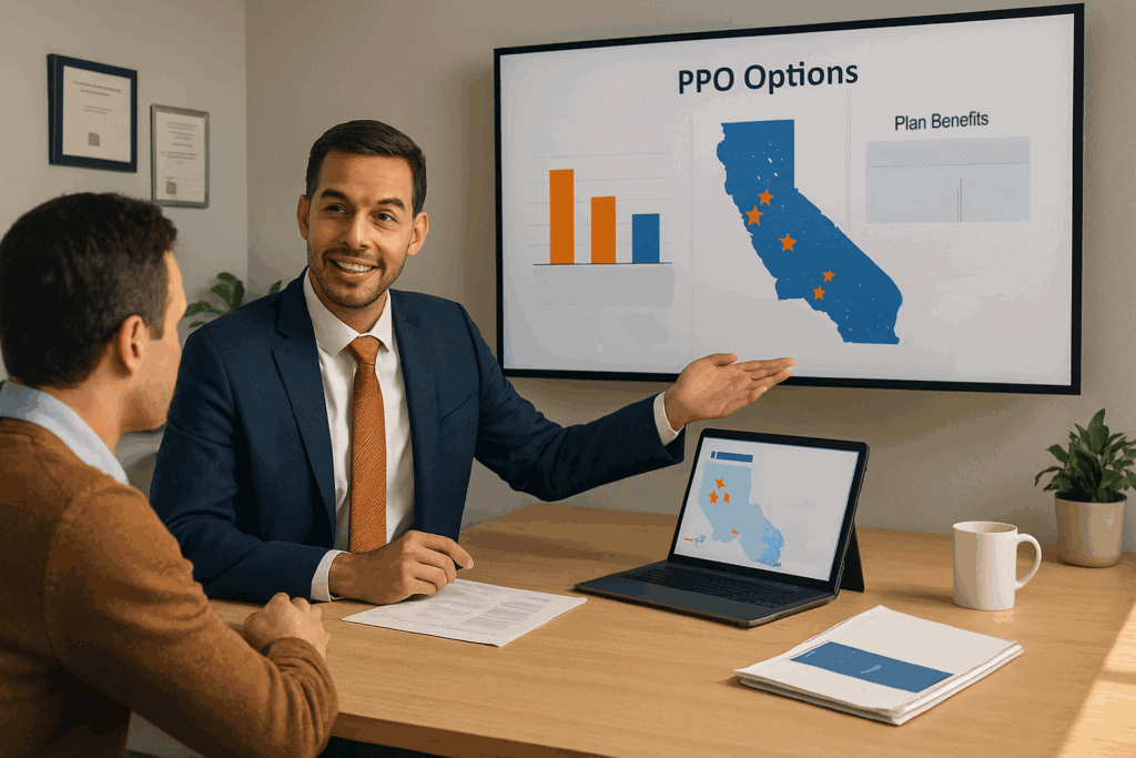California PPO decision-making process - family consulting with licensed insurance broker, comparing plan options and provider networks