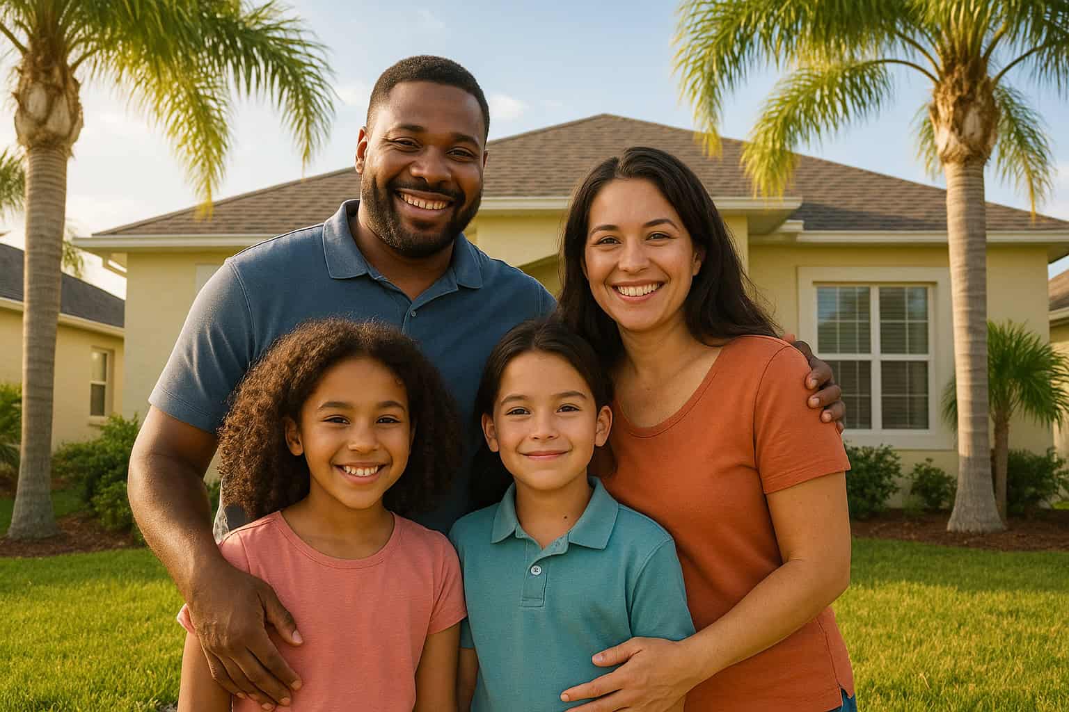 Diverse middle-class Florida family smiling together in front of their sunny suburban home with palm trees, symbolizing affordable healthcare and peace of mind.
