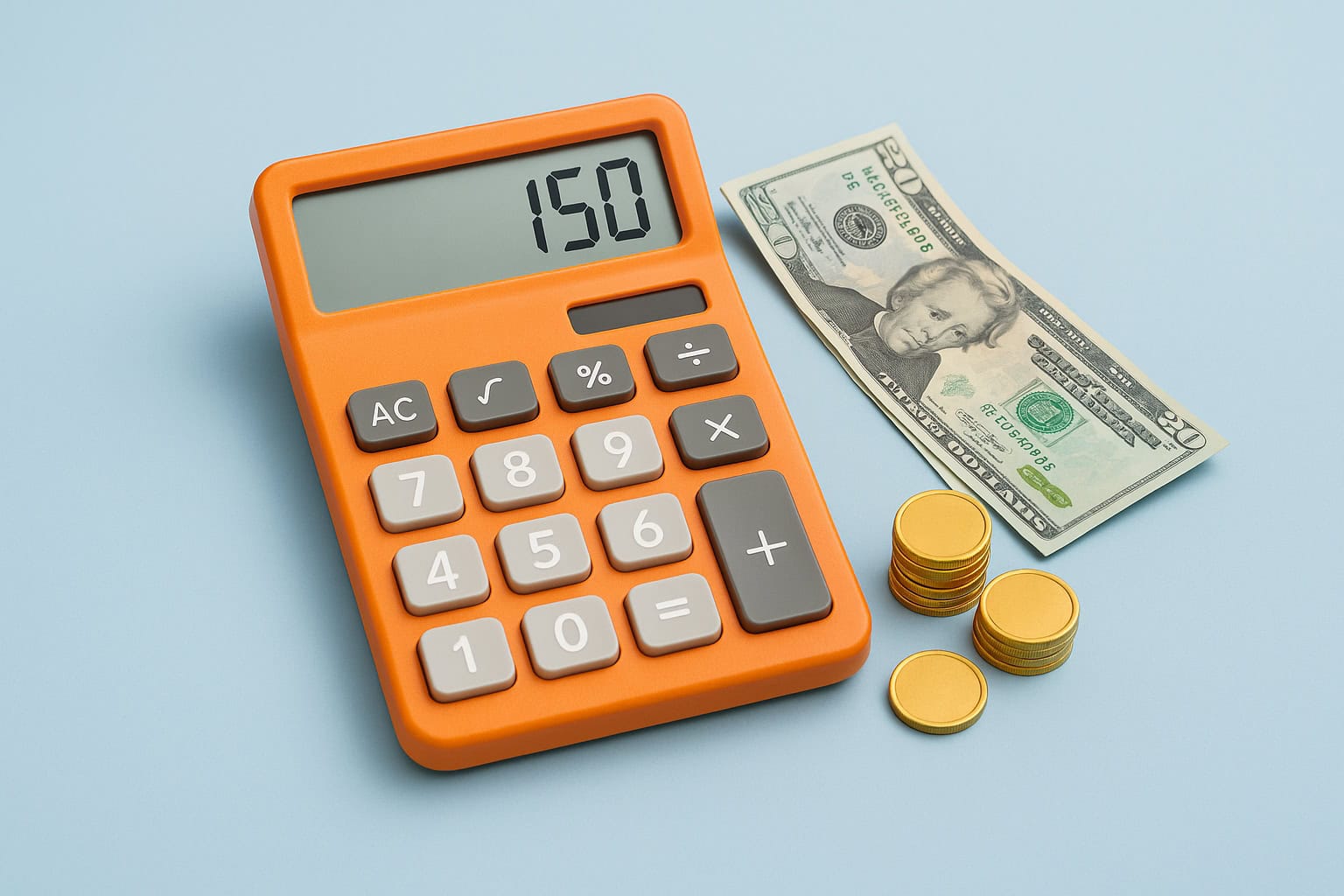 Realistic photo of an orange calculator displaying ‘150’ beside stacked coins and a dollar bill on a soft blue background, representing financial savings and budgeting