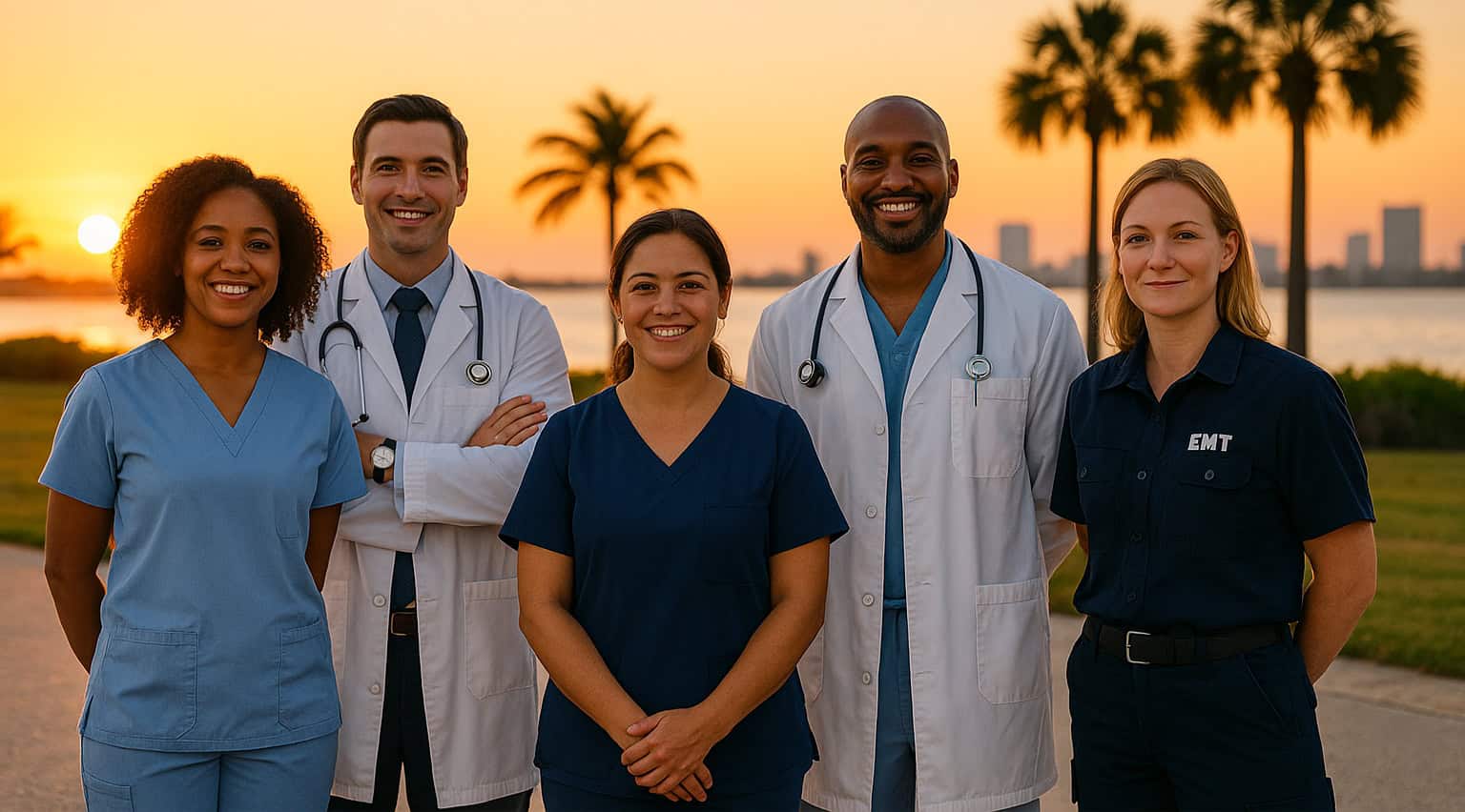 Diverse group of Florida healthcare professionals, including doctors, nurses, and an EMT, standing together at sunset with palm trees and a coastal skyline in the background, symbolizing teamwork, compassion, and quality healthcare access.