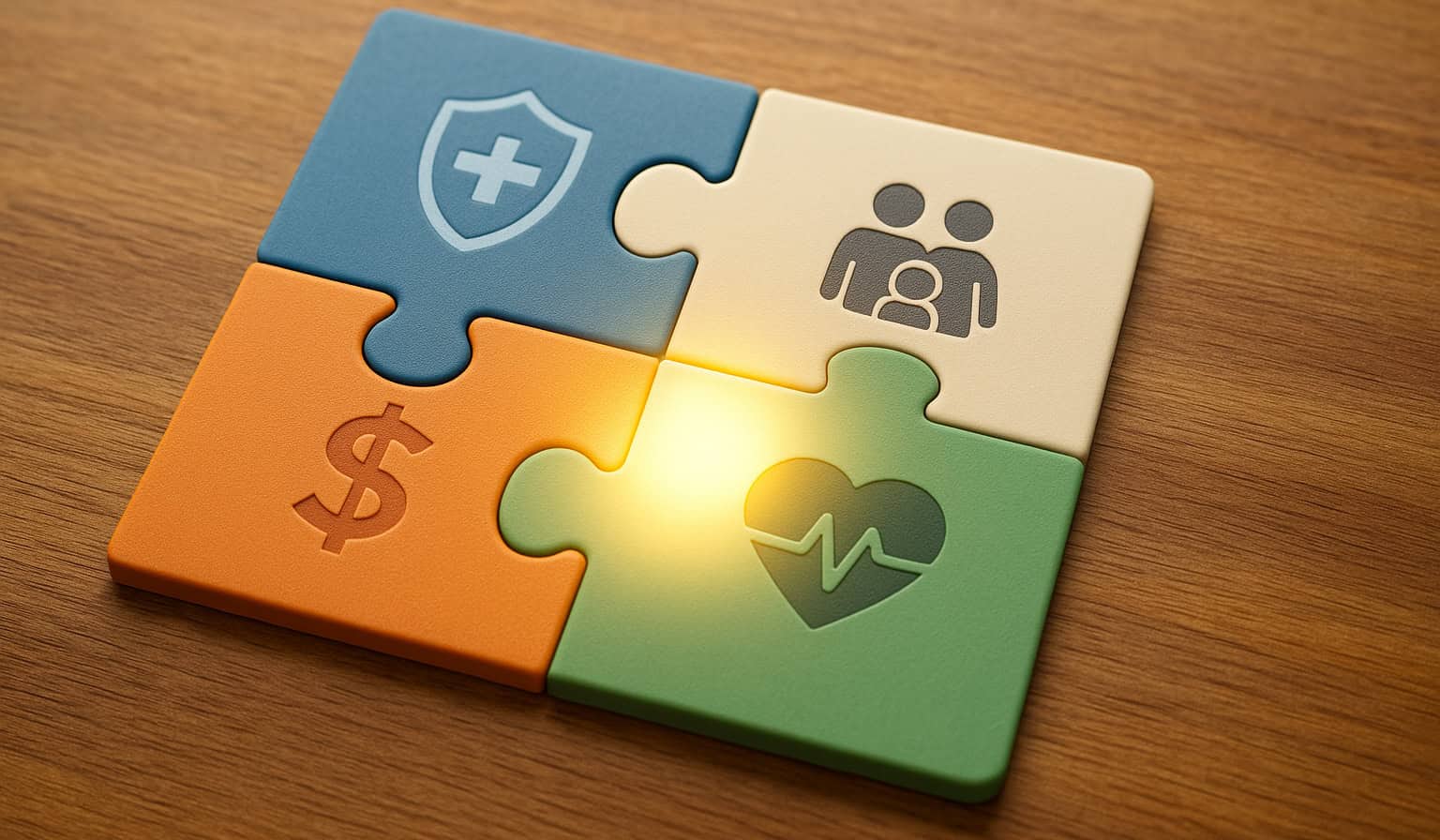 erfectly interlocked colorful puzzle pieces representing health insurance factors — blue with a shield, orange with a dollar sign, green with a heart and pulse line, and cream with a family icon — on a wooden surface with the glowing center symbolizing a perfect fit.