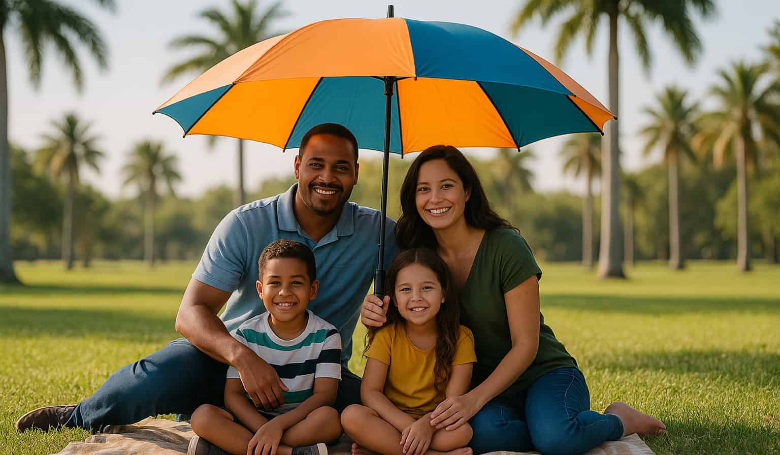 Florida family of four sitting on a picnic blanket under a large orange and blue umbrella in a sunny park with palm trees, smiling and relaxed, symbolizing protection and peace of mind.