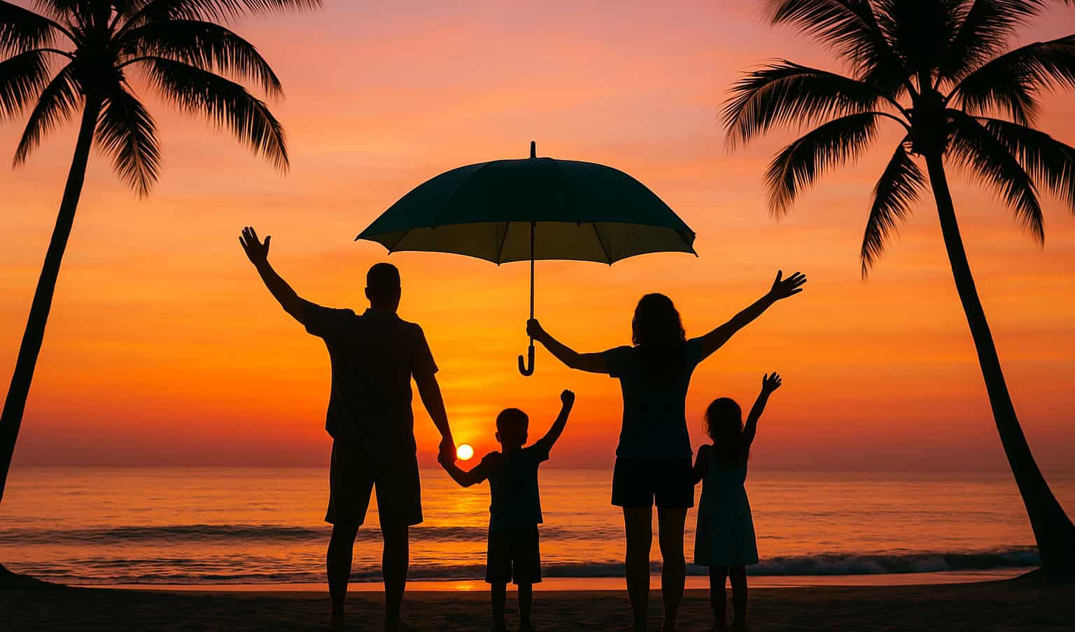 Silhouetted Florida family of four standing on a beach at sunrise under a blue-green umbrella, arms raised in joy, framed by palm trees and gentle waves, symbolizing protection, peace of mind, and the warm Florida lifestyle.